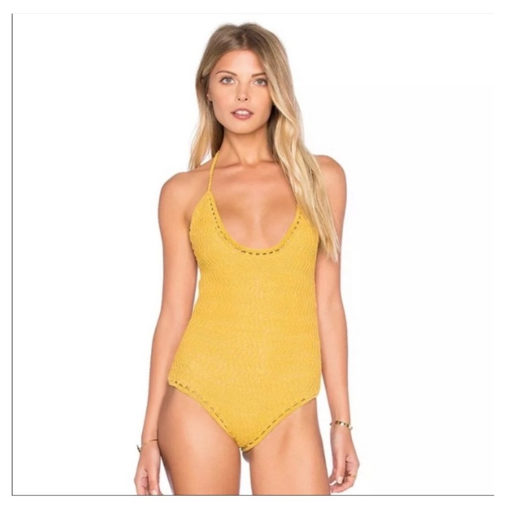 She Made Me crocheted one piece swimsuit yellow size SM